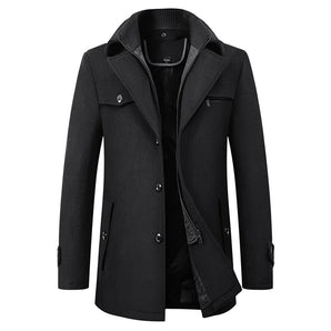 Men's black wool blend double-breasted peacoat featuring a formal design, with a prominent collar and multiple buttons, shown in size 3XL.