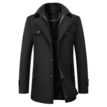 Men's black wool blend double-breasted peacoat featuring a formal design, with a prominent collar and multiple buttons, shown in size 3XL.