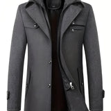 Men's dark gray wool blend tailored trenchcoat with a rear vent, featuring a classic collar, button closure, long sleeves, and side pockets.