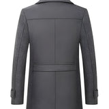 Men's black wool blend tailored trenchcoat featuring a rear vent, long sleeves, a classic collar, buttoned closure, and side pockets, styled for formal wear.