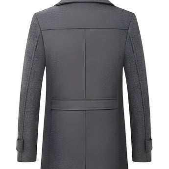 Men's black wool blend tailored trenchcoat featuring a rear vent, long sleeves, a classic collar, buttoned closure, and side pockets, styled for formal wear.