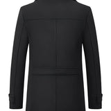 Men's black wool blend tailored trenchcoat with a rear vent, featuring a collar and long sleeves, designed for formal wear.