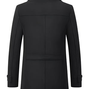 Men's black wool blend tailored trenchcoat with a rear vent, featuring a collar and long sleeves, designed for formal wear.