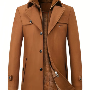 Men's earth yellow wool blend tailored trenchcoat XXL featuring classic collar, long sleeves, and rear vent detailing.