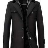 Men's black wool blend tailored trenchcoat in XXL size, featuring a classic collar, long sleeves, button closure, and a rear vent for added style and comfort. The coat has a formal, sleek appearance suitable for various occasions.