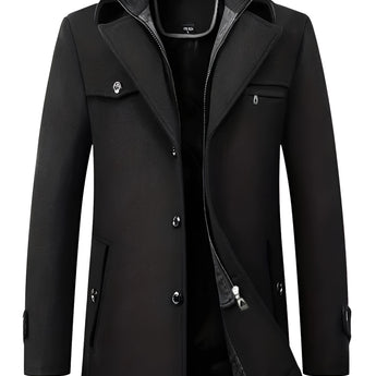 Men's black wool blend tailored trenchcoat in XXL size, featuring a classic collar, long sleeves, button closure, and a rear vent for added style and comfort. The coat has a formal, sleek appearance suitable for various occasions.