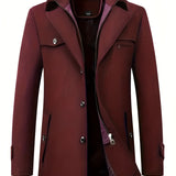 Men's black wool blend tailored trenchcoat featuring long sleeves, a structured collar, and a button-up front, designed with a rear vent for added style and comfort; shown in a burgundy XXL variant.