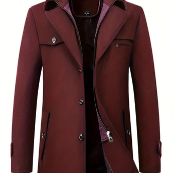 Men's black wool blend tailored trenchcoat featuring long sleeves, a structured collar, and a button-up front, designed with a rear vent for added style and comfort; shown in a burgundy XXL variant.