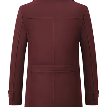 Men's black wool blend tailored trenchcoat featuring long sleeves, a classic collar, and a row of buttons down the front, designed with a rear vent for added style and comfort.