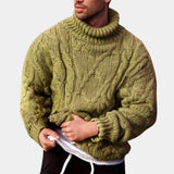 Men's model wearing a light green wool cable knit turtleneck sweater in XL, featuring long sleeves and a high collar, suitable for winter fashion.