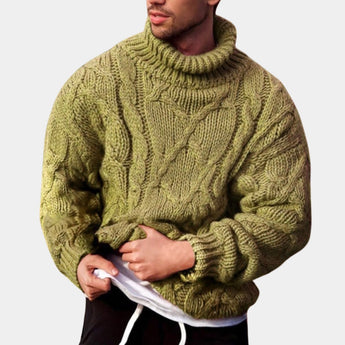 Men's model wearing a light green wool cable knit turtleneck sweater in XL, featuring long sleeves and a high collar, suitable for winter fashion.