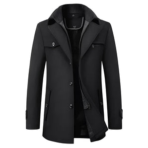 Men's black wool double-breasted winter coat in size 3XL, featuring a stylish and elegant design with a classic collar, long sleeves, and button detailing.