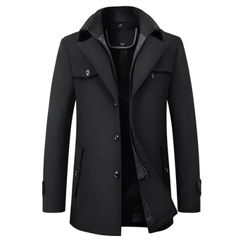 Men's black wool double-breasted winter coat in size 3XL, featuring a stylish and elegant design with a classic collar, long sleeves, and button detailing.