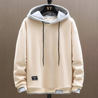 Men's blue gray dual-tone adjustable hoodie with long sleeves and a collar, displayed on a clothes hanger.