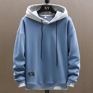 Men's blue-gray dual-tone hoodie with adjustable drawstrings, featuring long sleeves and a comfortable fit in size 3XL, displayed against a white background.
