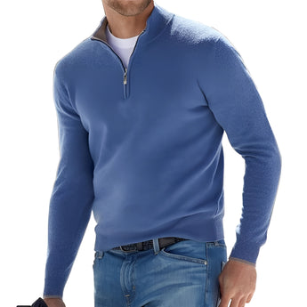 Men's blue lightweight half-zip sweater in casual comfort fit, featuring a high collar and long sleeves, suitable for sportswear or casual wear, displayed in a large 3XL size.