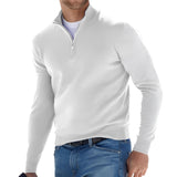 Men's blue lightweight half-zip sweater in casual comfort fit, worn by a model pairing it with jeans. The sweater features long sleeves and a zip that stops midway down the chest, suitable for a relaxed yet stylish look.