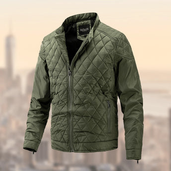 Men's green lightweight insulated quilted winter jacket in size 2XL, featuring a collared neck and long sleeves, designed for warmth and style.