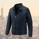 Men's blue lightweight insulated quilted winter jacket in size 2XL, featuring long sleeves, a collar, and a buttoned front closure. The jacket's quilted pattern is accentuated in an electric blue color.