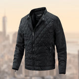 Men's black lightweight insulated quilted winter jacket in size 2XL, featuring a stand-up collar and long sleeves, designed for cold weather.