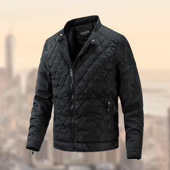 Men's black lightweight insulated quilted winter jacket in size 2XL, featuring a stand-up collar and long sleeves, designed for cold weather.