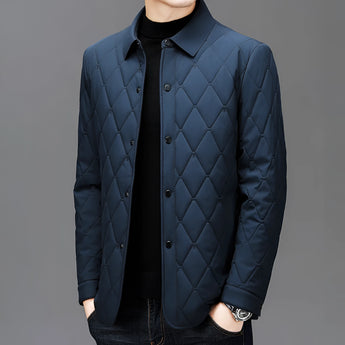 Men's blue lightweight quilted bomber jacket in size 3XL, featuring a designer style with a collar and full sleeves.