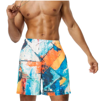 Men's blue ombre quick dry swim shorts with adjustable drawstring, modeled by a person wearing a yellow top, size 2XL.