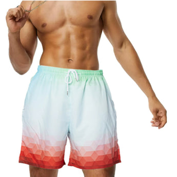 Men's blue ombre quick dry swim shorts with adjustable drawstring, shown in white color and size 2XL, worn by a model displaying the shorts from waist to mid-thigh.