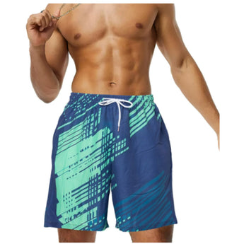 A man wearing blue ombre quick-dry swim shorts with an adjustable drawstring, featuring a muscular build, thighs, and waist visible.