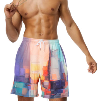 Men's blue ombre quick dry swim shorts with adjustable drawstring, shown in purple, size 2XL, modeled with a focus on the shorts.