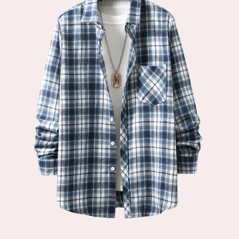 Men's blue plaid flannel shirt with a cozy and casual long-sleeve design, featuring a classic collar and tartan pattern.