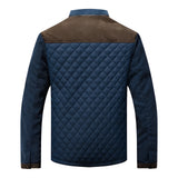 Men's blue quilted jacket with a suede collar, featuring long sleeves and an insulated design for winter fashion.