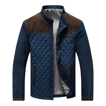 Men's blue quilted jacket with a suede collar, featuring a button-front design, long sleeves, and pockets; shown in a 5XL size with brown accents suitable for formal winter fashion.