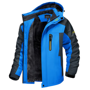 Men's blue waterproof insulated winter jacket with a thermal hood, featuring long sleeves and a high collar for added warmth and protection.