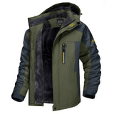 Men's green waterproof insulated winter jacket with a thermal hood, featuring long sleeves, a high collar, and multiple pockets for added convenience, designed for cold weather protection in size 3XL.