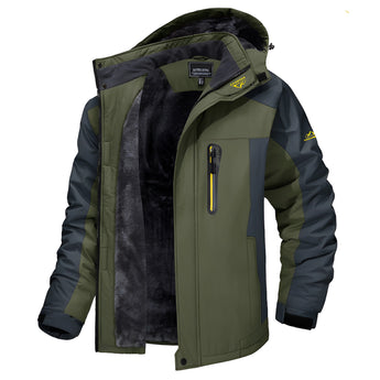 Men's green waterproof insulated winter jacket with a thermal hood, featuring long sleeves, a high collar, and multiple pockets for added convenience, designed for cold weather protection in size 3XL.