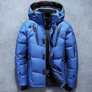 Men's blue waterproof insulated hooded winter parka in size 3XL, featuring multiple pockets, long sleeves, and a stylish collar in an electric blue color, suitable for recreational activities and outdoor use.