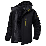 Men's black waterproof insulated winter jacket in size 3XL, featuring a thermal hood, long sleeves, and pockets.