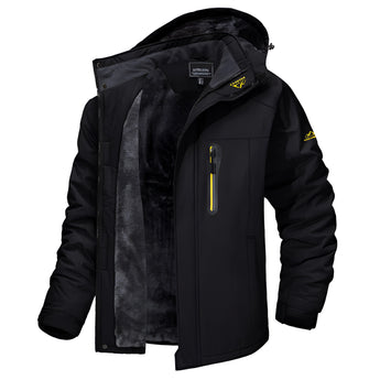 Men's black waterproof insulated winter jacket in size 3XL, featuring a thermal hood, long sleeves, and pockets.