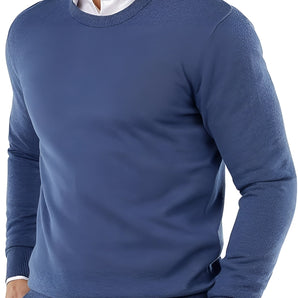 Men's blue wool crewneck sweater in size 4XL, featuring a lightweight and fitted design with long sleeves, worn by a model with a beard.