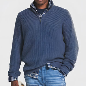 Men's blue zip-neck ribbed sweater in size 3XL, featuring long sleeves and a cozy textile suitable for fall and winter fashion.