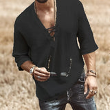 A man wearing a black, bohemian-style hooded shirt with a lace-up neckline, suitable for summer beachwear, in size 3XL.