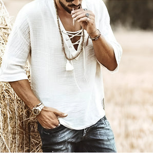 Men's Bohemian White Hooded Shirt with Lace-Up Neckline, 3XL, Summer Beachwear