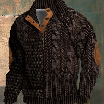 Men's brown chunky cable knit sweater with elbow patches, featuring a thick woolen pattern, long sleeves, and a round collar, displayed in a 5XL size.