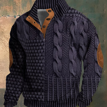 Men's chunky cable knit sweater in brown with distinctive elbow patches, featuring a classic collar and long sleeves, size 5XL, styled in a cozy and warm textile pattern.