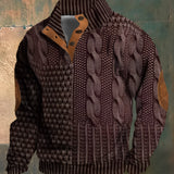 Men's brown chunky cable knit sweater with elbow patches, featuring a dark red 5XL variant, showcasing a woolen pattern with long sleeves and a ribbed collar.