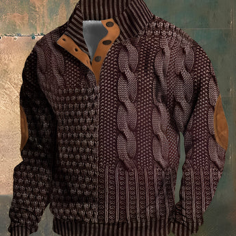 Men's brown chunky cable knit sweater with elbow patches, featuring a dark red 5XL variant, showcasing a woolen pattern with long sleeves and a ribbed collar.