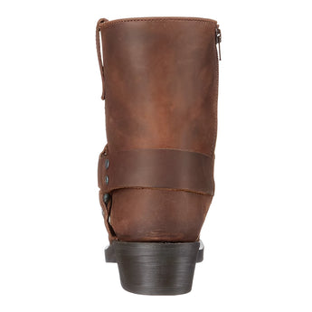 Men's mid-calf cowboy boots made from distressed brown leather with metal detailing.