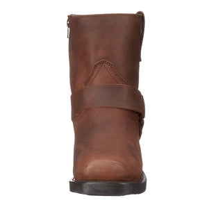 Men's brown distressed leather mid-calf cowboy boots with a rugged design, showcasing details like a textured leather surface and sturdy construction, set against a wooden background.