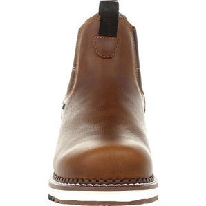 Men's brown leather Chelsea boots featuring elastic panels, showcasing a sleek design and a smooth finish.